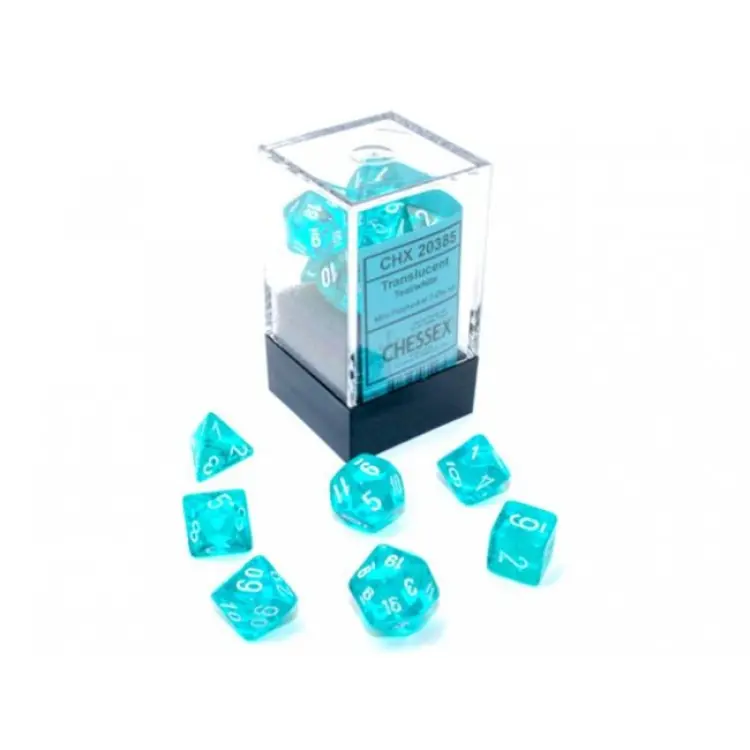 Translucent Mini-Polyhedral Teal/white Dobbelsteen Set (7 stuks)